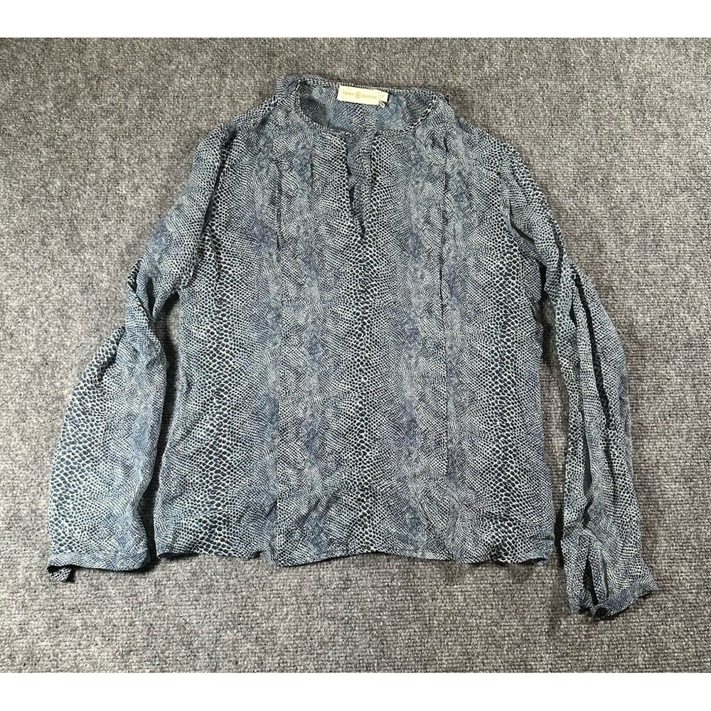 Tory Burch Women's 0 Silk LS Top Blue Reptile Skin Print Sheer Lightweight